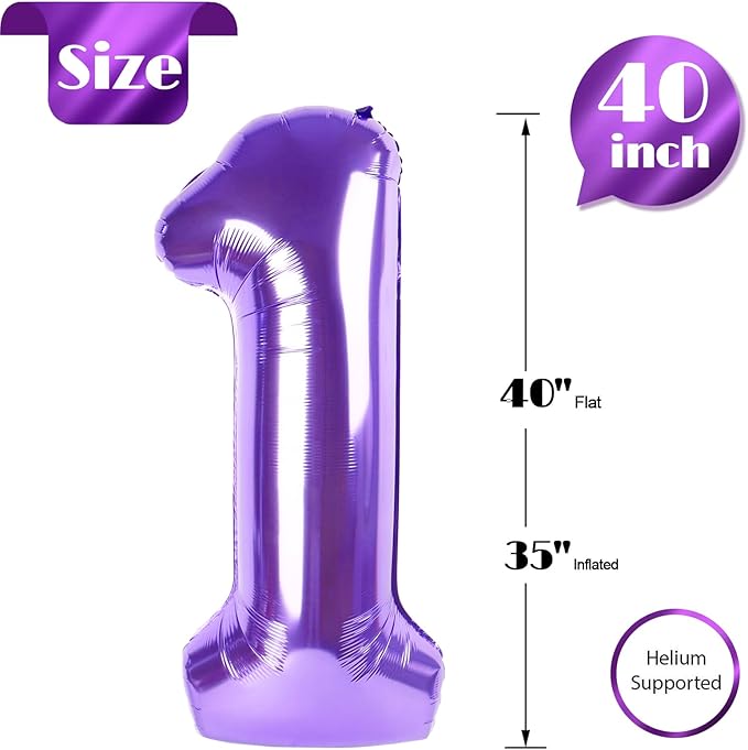 Purple Number 1 Balloon 40 Inch, 1st Birthday Balloon for Baby Boy Girl Toddler First Birthday Decorations, Shiny Purple Party Supplies