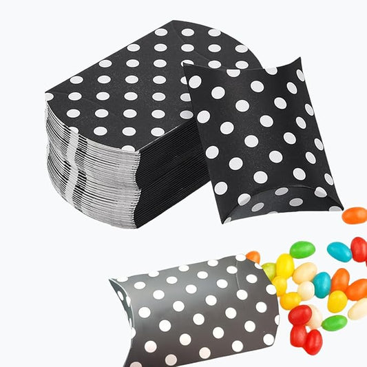 50 Pcs Kraft Paper Pillow Gift Boxes,3.5x2.6 Inch Mini Folding Treat Boxes, Creative Favor Box Folding Treat Boxes for Bakery, Candy, Jewelry, Wedding & Party Favors(Black dots)