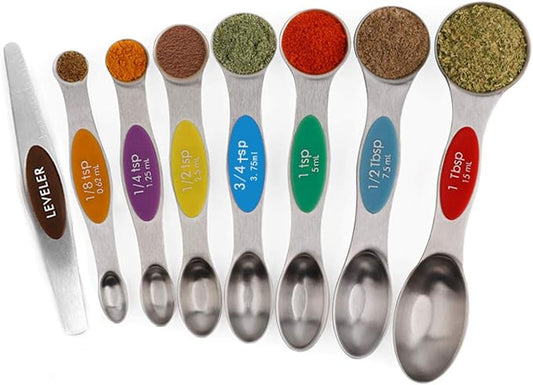 Stainless Steel Baking Tools, Magnetic Double-Headed Measuring Spoons, Seasoning Measuring Spoons With Scraper (8 PCS,Multicolor)