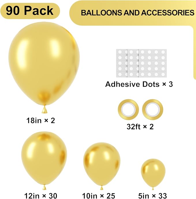 Voircoloria 90pack Metallic Gold Balloons Different Size 18/12/10/5 Inch Chrome Gold Balloon Garland Arch Kit for Wedding, New Year, Birthday, Graduation, Bridal Shower, Baby Shower Decorations