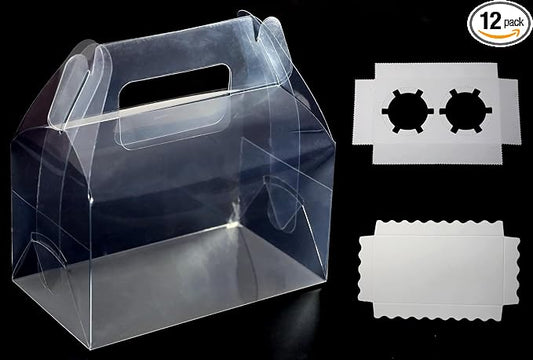 Clear Cupcake Boxes 12pcs, 6.5x3.7x3.5in Plastic Gable with Handle | Clear plastic gable boxes with handle. Food-grade PET, 12PK for cupcakes, cookies, party treats & gifts. Sturdy carry design
