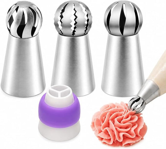 3 Pcs Ball Russian Piping Tips & 1 Couplers,Cake Decorating Supplies Piping Tips,For Cookie And Cake Decorating,Birthday Cake, Cupcake,Diy Cream Baking Tools