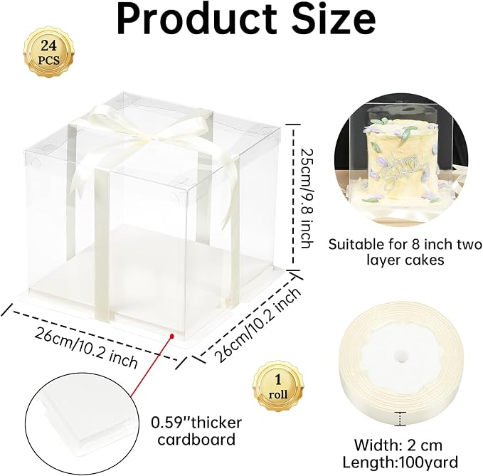 24 Pcs Clear Gift Box with Ribbon 2-Layer 10x10x10 Inch, Transparent Cake Carrier Box with Lids, PET Tall Cake Packaging Boxes, Clear Gift Boxes for Birthday,Wedding and Festival Party