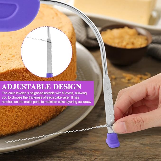 Adjustable Cake Leveler Cutter With 3PCS Cake Scrapers Set,Baking Supplies Tool for Kitchen,Large Size Cake-Cutter Slicer for Leveling,Single Stainless Steel Wire & Plastic Handle(COLOR:Purple)