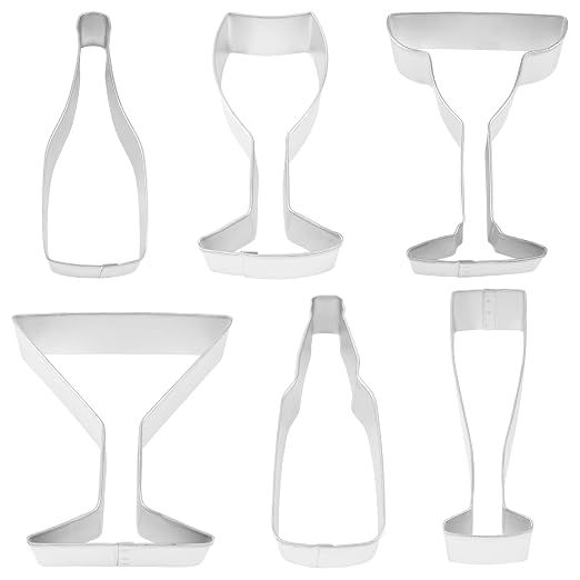 R&M International 1978 Beverage Cookie Cutters, Martini Glass, Champagne Flute, Champagne Bottle, Bottle, Wine Glass, Margarita Glass, 6-Piece Set