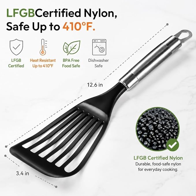 KSENDALO 2 Pack Thin Flexible Fish Spatula for Nonstick Cookware, Black | Egg Flipper Turner, 1 Medium 1 Long Size, Hollow Steel Handle Slotted Angled LFGB Complaint Nylon Blade, Dishwasher Safe