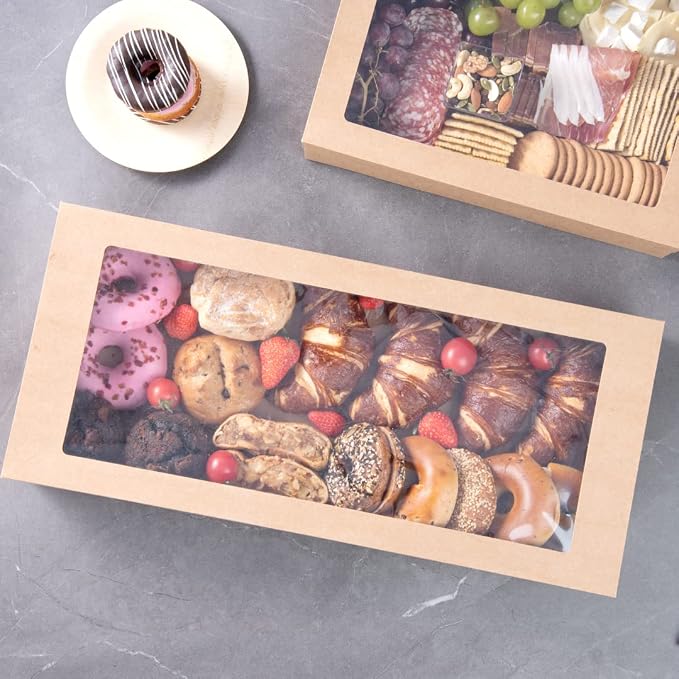 Restaurantware Cater Tek 22.2 x 10 x 3.2 Inch Catering Boxes 100 Insert Tab Lock Baked Goods Boxes - Window Lids Easy Assembly Kraft Paper Window Pastry Boxes For Charcuterie Or Cupcakes