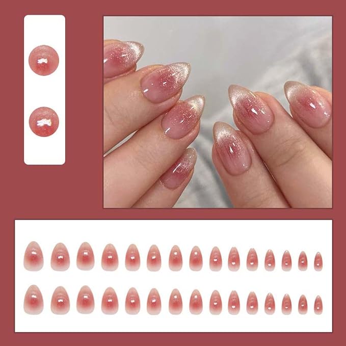 30Pcs French Press on Nails Short Almond ZWENJIE Cat Eye Fake Nails Press ons Nail Tips Stick on Nails Glossy Acrylic Nails Kit False Nails with Light Blue Design Nail Art for Women Glitter Manicure