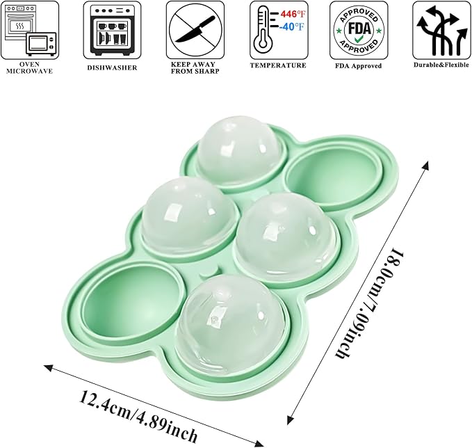 QELEG Large Ice Ball Maker with Lid, 2.2 inches Big Cubes, Easy Release Silicone Ice Cube Trays for Freezer, Perfect Spheres Craft Ice Maker for Whiskey, Cocktails, Gifting, Green, 1pcs/6 Sphere