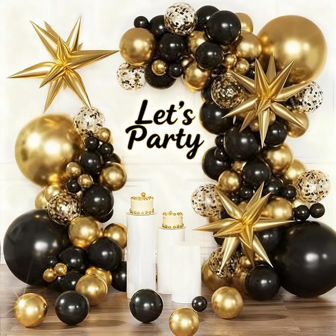 128Pcs Back to School Black and Gold Balloon Arch Kit, Explosion Star Black and Metallic Gold Balloons 18/12/10/5 Inch Balloons for Birthday Anniversary Retirement Wedding Graduation Decorations