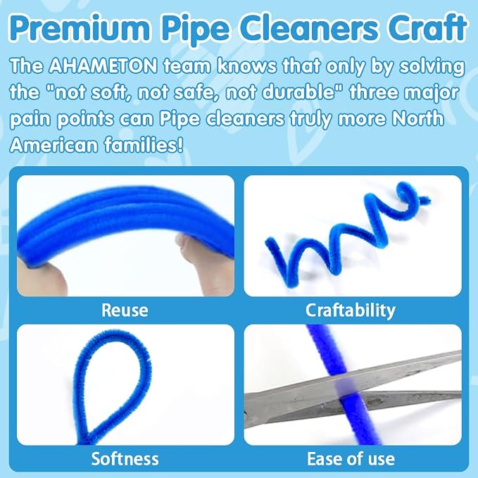 AHAMETON 620Pcs Blue Pipe Cleaner Flower Kit, 6 Colors Bulk Pipe Cleaners Craft Supplies with Wires, Stamens, Ribbon, Tapes, Card, DIY Flower Making for Gifts Home Decoration, Party School Crafts