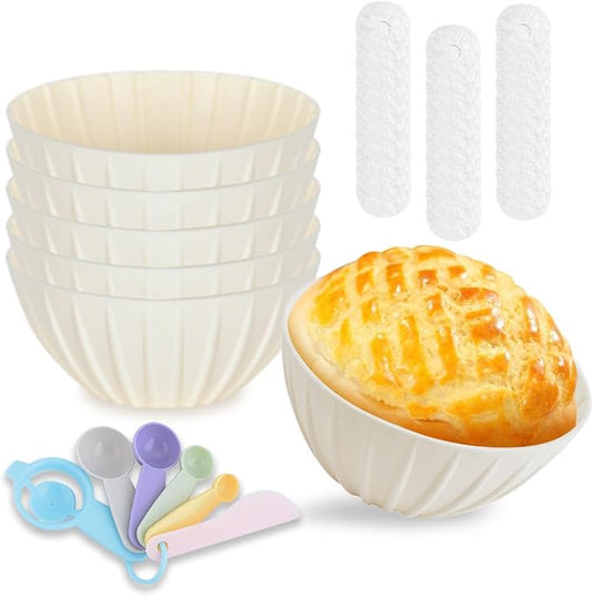 6 Pcs Silicone Bread Proofing Baskets 5 Inch Collapsible Sourdough Baking Basket Round Proofing Bowl with Measuring spoon and 30 pcs Bowl Covers Sourdough Bread Baking Supplies for Home Bakers(Beige)