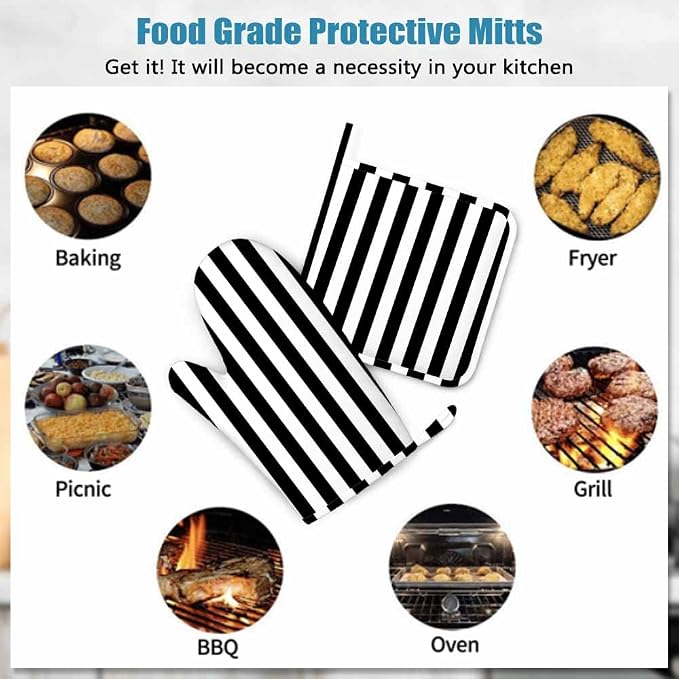 Mxocom Vertical Black Strip Oven Mitts and Pot Holders Sets Black White Silicone Heat Resistant Kitchen Oven Gloves Pot Holder for Cooking
