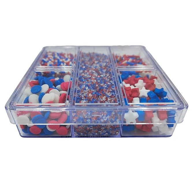 Red White and Blue Sprinkles for Baking, Edible Patriotic 4th of July Sprinkle Mix for Cake Decorating with Sparkling Sugar, Jimmies, Stars, Nonpareils, Confetti, Ice Cream Cupcake Toppings Supplies