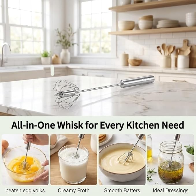 KSENDALO SUS304 Stainless Steel Whisk & Beater Set - Manual & Automatic Handheld Easy Semi-Auto Mixer for Cooking - 12 & 14inch Frother Spinner, Mixer & Stirrer for Eggs, Hand, and Milk