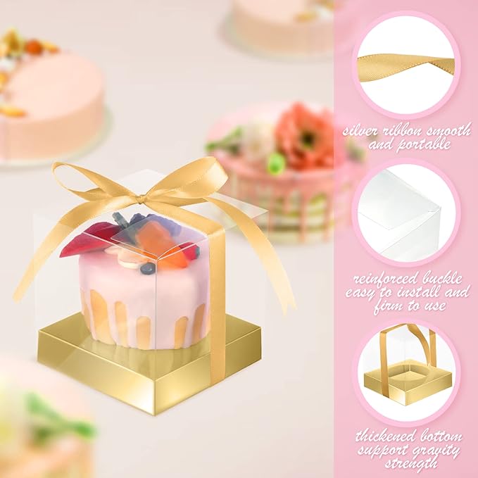 Thenshop 50 Pcs Clear Cupcake Boxes Individual 3.5 Inch Plastic Single Cupcake Containers Boxes with Inserts and Ribbon Individual Cake Storage Holders for Cake Kitchen(Gold)