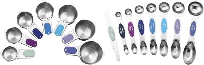 Spring Chef Stainless Steel Magnetic Measuring Cups, Set of 7 & Heavy Duty Magnetic Measuring Spoons, Set of 8 with Leveler - 2 Product Bundle - Winter Frost