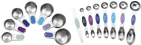 Spring Chef Stainless Steel Magnetic Measuring Cups, Set of 7 & Heavy Duty Magnetic Measuring Spoons, Set of 8 with Leveler - 2 Product Bundle - Winter Frost