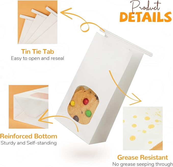 50 Pack Bakery Bags with Window, 3.9x2.3x8.2 Inches Tin Tie Tab Paper Cookie Bags White Small Gift Bag for Packaging Popcorn, Trail Mix, Treats, Snacks, Baked Goods, Party Favors | Grease Resistant