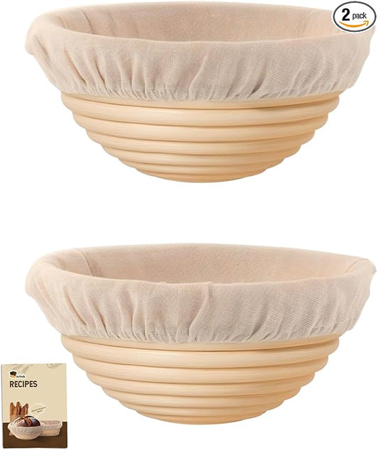 Banneton Bread Proofing Basket, Proofing Basket for Sourdough Bread Baking, Indonesian Rattan Bread Bowl Sourdough Bread Baking Supplies with Linen Liner (7" Round Basket x 2)