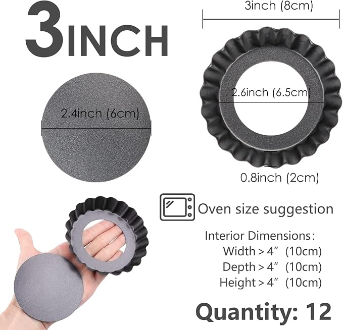 12 Packs Egg Tart Mold, 3" Mini Tart Pans Removable Bottom, Reusable Non-Stick Cupcake Cake Muffin Mold, Mini Pie Pans Set For Baking (Black)
