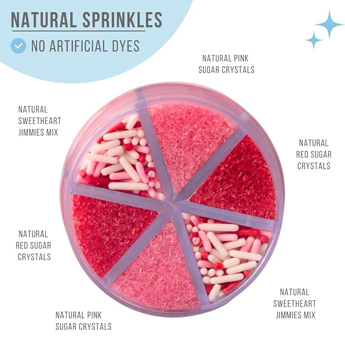 Sweets Indeed Valentines Dye Free Sprinkles | Red & Pink Sanding Sugar with Red White Pink Jimmies Mix | Baking & Decorating | No Artificial Dyes | 6-Cell Jar 2.75 oz