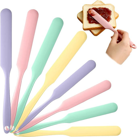 8 Pack Silicone Jar Spatula Set – Long Handle Small Skinny Spatulas 9.4" & 8.1", Flexible Heat Resistant Silicone Scraper for Baking, Mixing & Sourdough Starter (Purple Green Pink Yellow)