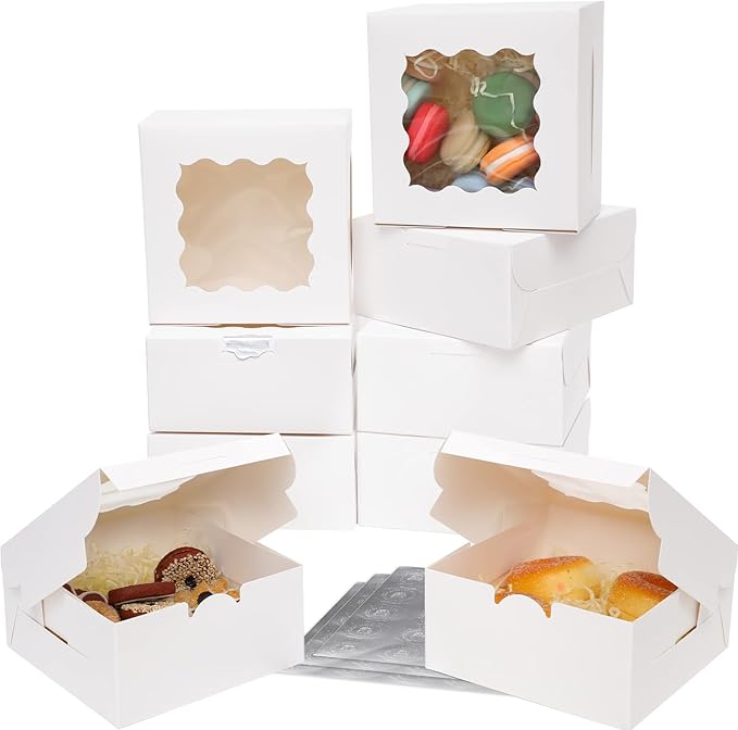 Bakepacker 60pcs White Bakery Boxes with Window 6x6x3 inches Thick & Sturdy Macaroon Pastry & Cookie Boxes