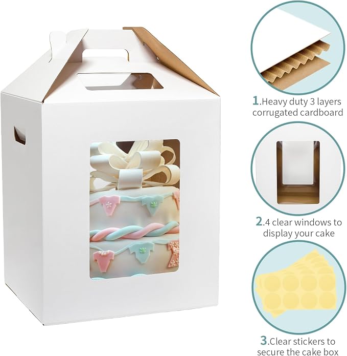 Wowxyz 8 Pack Tall Cake Boxes for Tier Cakes 10x10x12 Inch Disposable Layer Tall Baking Carrier with Window Large Tierd Bakery Take Out Transport Containers with Handle for Wedding, Birthday, Party