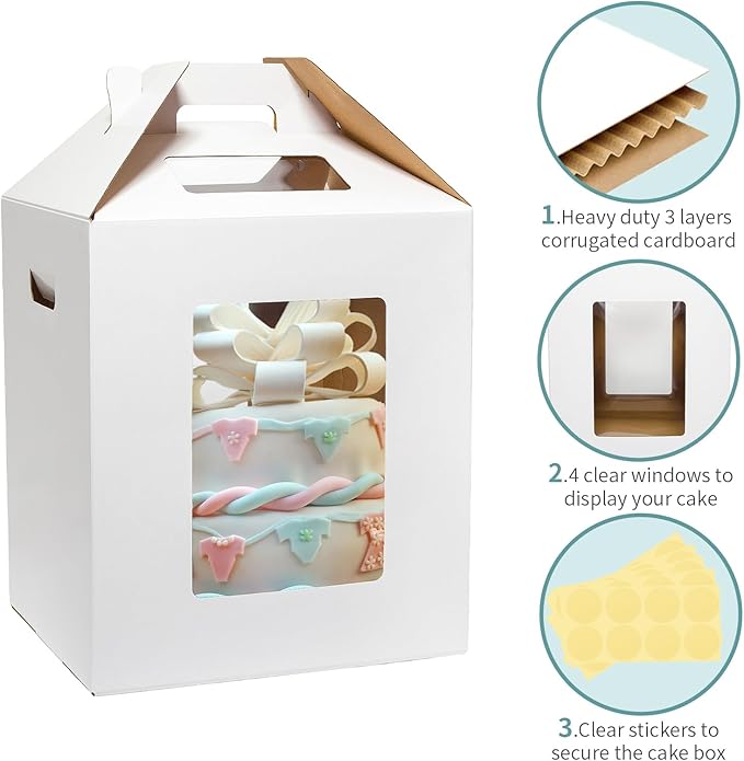 Wowxyz 3 Pack Tall Cake Boxes for Tier Cakes 16x16x18 Inch Disposable Layer Tall Baking Carrier with Window Large Tierd Bakery Take Out Transport Containers with Handle for Wedding, Birthday, Party