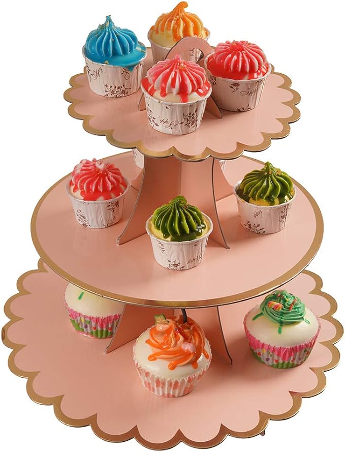 YLDW Cupcake Stand with Lace Trim, 3-Tier Cupcake Stand Display, Cardboard Cup Cake Tower Stand, Disposable Dessert Stand for Birthday Tea Party Baby Shower Treat Decorations, Orange Pink