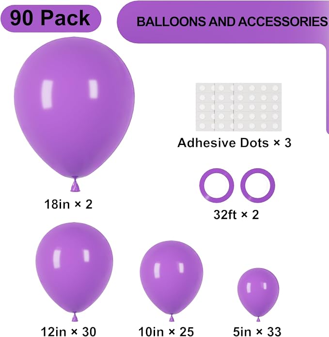 Voircoloria 90pack Purple Balloons Different Size 18/12/10/5 Inch Purple Balloon Garland Arch Kit for Halloween, Graduation, Wedding, Birthday, Baby Shower, Anniversary Party Decorations