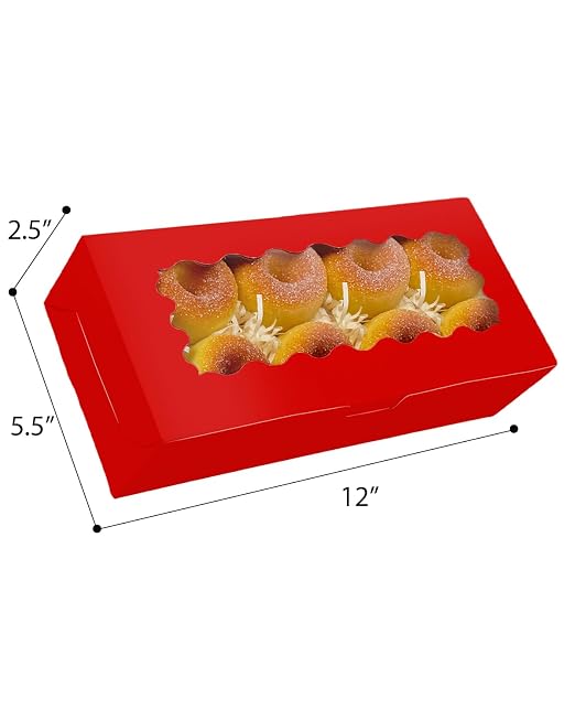 qiqee 50 Packs Red Cookie Box with Window 12x5.5x2.5 Inch Two Uses Pastry Biscuit Bakery Box For Packaging