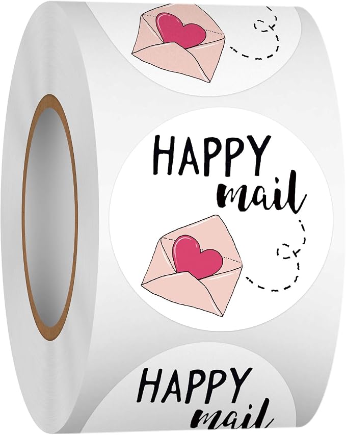 Louise Maelys 1.5 Inch Happy Mail Stickers 500 Pcs Lables for Mail Decorations for Envelopes, Crafts, Scrapbooking Easy Peel & No Residue