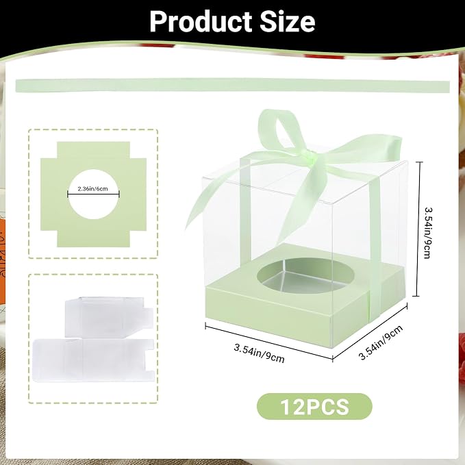 EUSOAR Cupcake Boxes, 12 Pcs 3.5 Inch Dessert Pastry Individual Cupcake Containers Transparent with Ribbon, Clear Muffins Gift Holder Disposable Cake Carrier for Wedding Party Favor Bakery-Light Green