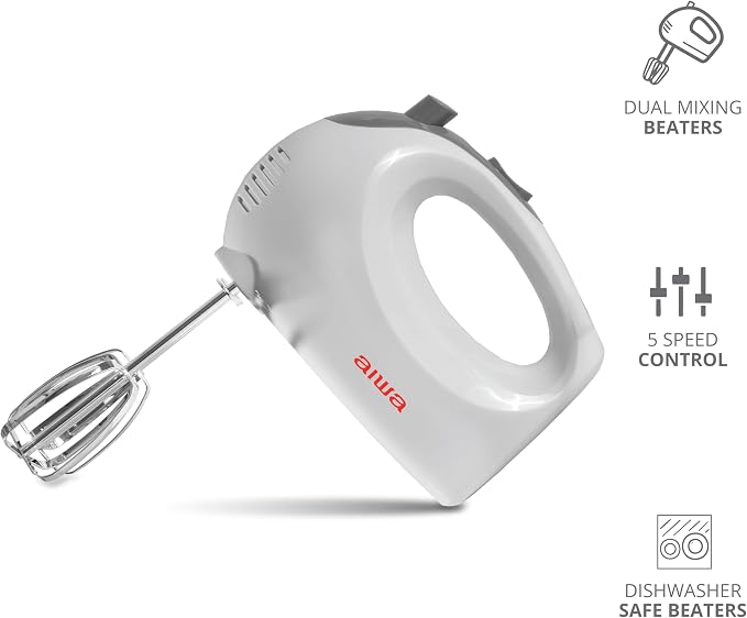 AIWA 5-Speed Hand Mixer with Eject Button, Electric Handheld Mixer for Cream, Batter, Eggs & Baking, Stainless Steel Beaters, Dishwasher-Safe, Lightweight Compact Design, White