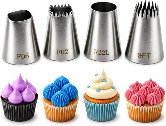 4 Pack Stainless Steel Seamless Piping Icing Tips FO2 FO6 9FT R22L, Large Piping Nozzle, Cake Decorating Tools for Cupcake Baker