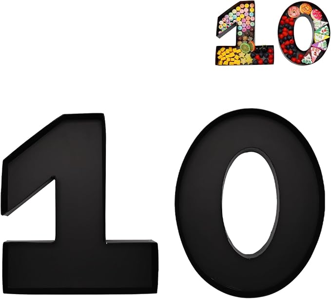 12inch Cardboard Number Fillable Food Tray Box for Charcuterie, Cupcake Arrangement, Birthday Anniversary (Black, 10)