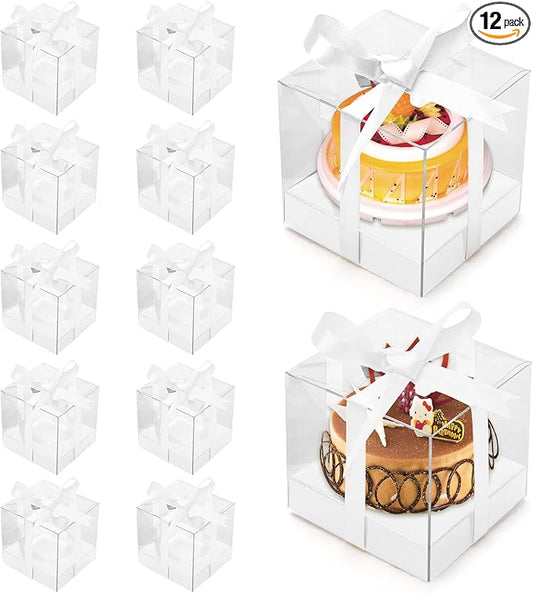12 Pack Clear Plastic Cupcake Boxes, 3.5 Inch Gold Single Cupcake Containers Disposable Individual Cup Cake Carrier Holder Boxes with Inserts and Ribbon (White)