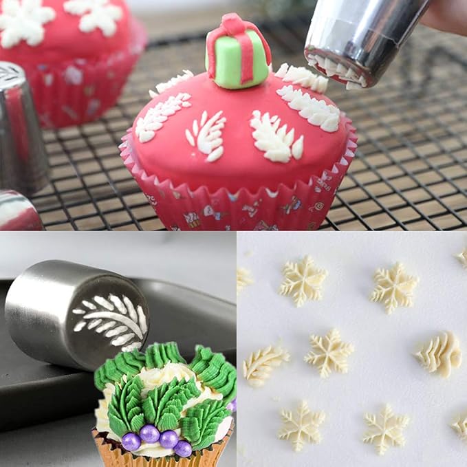 5 PCS Christmas Pastry Icing Piping Nozzles,Special Stainless Steel Russian Piping Tips Set,Cake Decorating Tools(1 Christmas Tree,2 Snowflake 1 Leaf Tips and 1 Single Color Coupler)