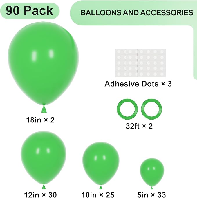 Voircoloria 90pack Green Balloons Different Size 18/12/10/5 Inch Green Balloon Garland Arch Kit for Graduation, St. Patrick's Day, Dinosaur, Jungle, Forest, Wedding, Birthday, Christmas Decorations