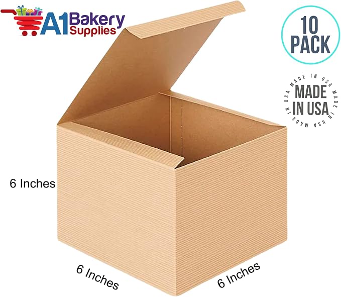 A1 Bakery Supplies Preimer High Kraft Pinstripe Brown Treat Gift Boxes (6 in X 6 in X 6 in 10 pk)