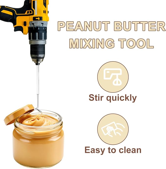 Peanut Butter Stirrer, 11.8 Inch Stainless Steel Nut Butter Mixer Peanut Butter Stirring Tool Drill Nut Butter Stirrer Fast Mixing Stirrer Utensil for Mixing Various Peanut Butter Jam