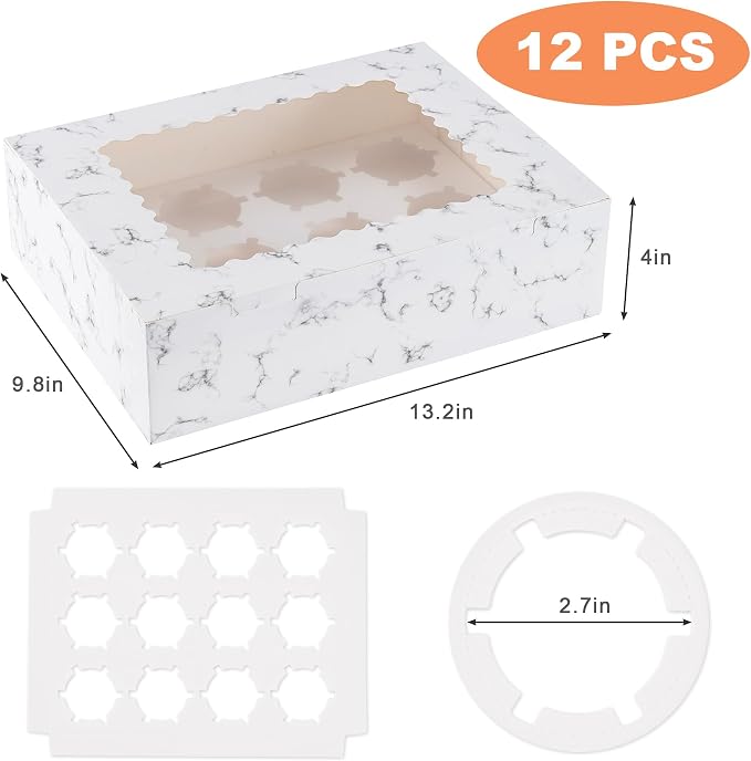 Hoewina 12PCS Cupcake Boxes - Hold 12 Count Cupcake Containers with Window, Food Grade Cupcake Holder Easy Transport and Presentation - Ideal for Cupcakes, Desserts, and More (Marble pattern)