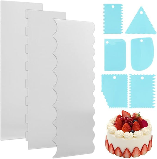 3Pcs Stainless Steel Cake Scraper & 6Pcs Plastic Pattern Scraper,8.7 Inch Double Sided Patterned Edge Stripe Edge Smoother Scraper,Cake Comb for Butter Mousse Cream Decoration