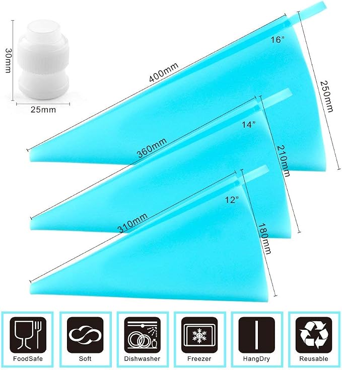Joyeee Reusable Piping Bags and Couplers Set, 6 Pack Anti Burst Frosting Silicone Piping Bags Baking Supplies Cake Cupcake Decorating Tools Kit, 6 Couplers for Piping Bags, 3 Size 12” 14” 16”