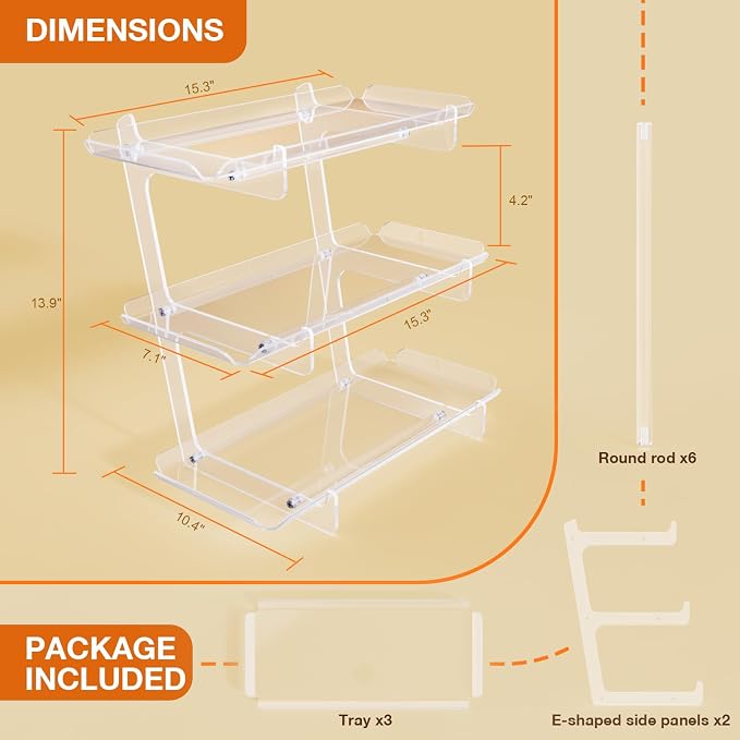 Bakzon 3 Tier Acrylic Serving Tray, 15.3" x 7.1" Dessert Table Display Set Stand for Party, Desserts, Fruits, Cookies – Reusable Collapsible Tiered Platters for Cupcakes, Veggies, and Sweet Treats