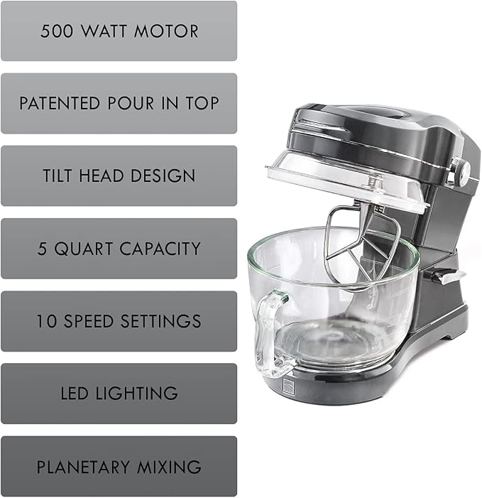 Kenmore Elite Ovation 5 Qt Stand Mixer, 500 Watts, with Revolutionary Pour-In Top, Tilt Head, Flat Beater, Whisk, Dough Hook, 360-degree Splash Guard, Glass Bowl, LED Light, Metallic Grey