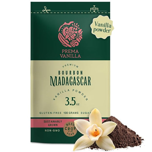 PREMA VANILLA - 3.5 Oz (100 g) - Pure Ground High Quality Madagascar Vanilla Bean Powder for Coffee, Baking, Cooking, Desserts and Smoothies - Natural Vanilla Extract Powder, No Artificial Ingredients