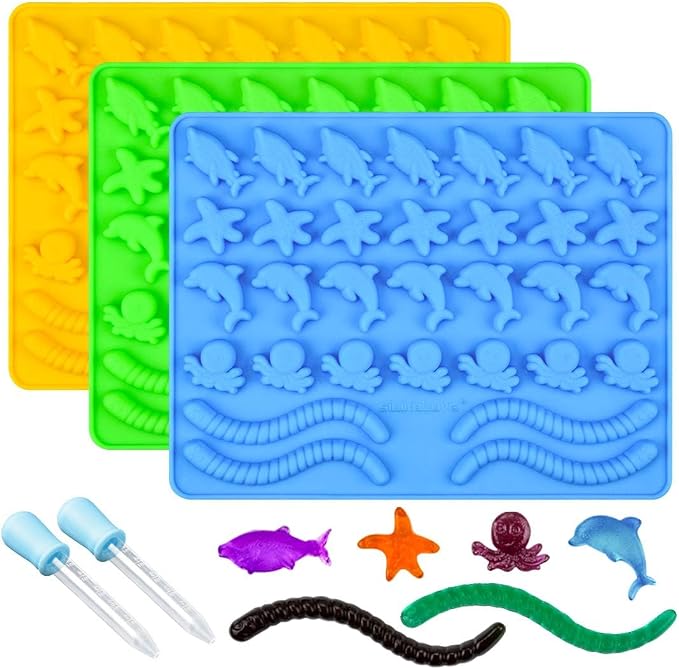 Gummy Molds Hard Candy Molds - Candy Molds Silicone Including Worms, Starfishs, Dolphins, Octopus, Sharks Sea Mold, Pack of 3 Ocean Molds